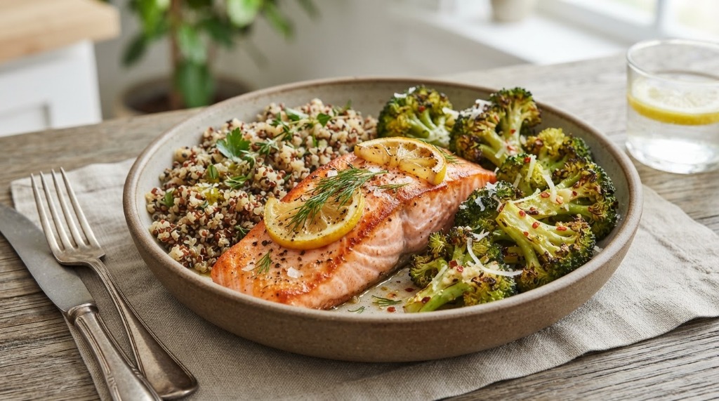 Gegrillter Wildlachs mit gedämpftem Brokkoli und Quinoa