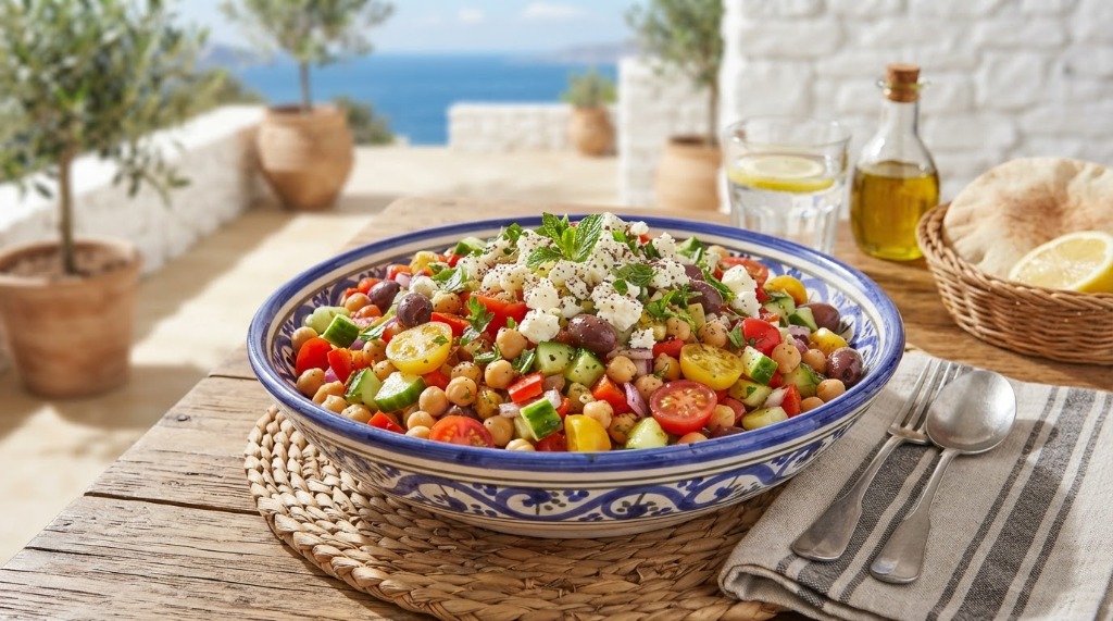 Mediterraner Kichererbsensalat mit gerösteten Kürbiskernen und Feta