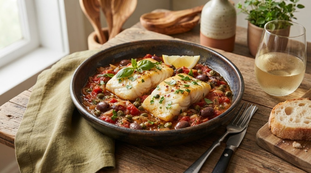 Kabeljaufilet in Tomaten-Kapern-Sugo